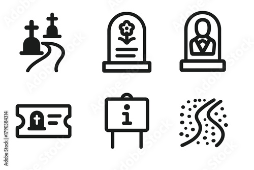 Cemetery Tourism Icons. Line style icons of Cemetery Tourism: cemetery pathway, engraved stone, historical figure grave, tour
