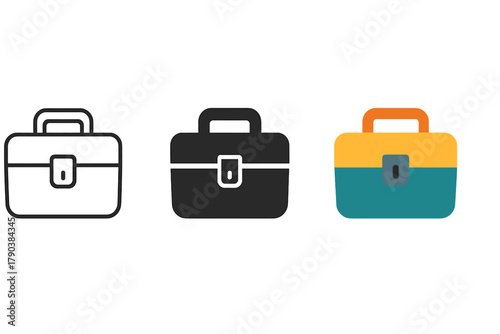 Minimalist Tackle Box Icons. Minimalist tackle box icon: three identical tackle box icons in a row, first in line style with thin