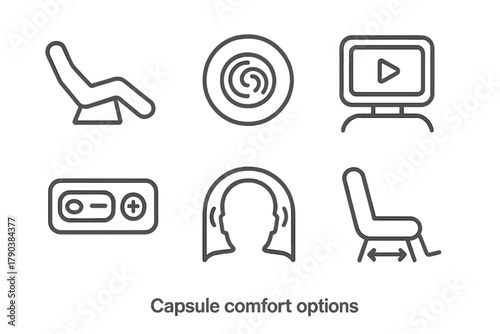 Capsule Comfort Icons. Line style icons of capsule comfort options: reclining seat layout, personal air vent, seat screen