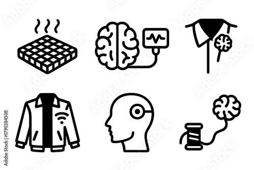 Brain-Computer Fashion Icons. Line style icons of Brain-Computer Fashion: responsive textile matrix, EEG-to-pattern link,