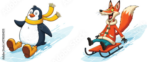 Cartoon penguin sliding on ice, fox sledding winter scene, cute animals playing, snowy background, fun illustration, children’s seasonal activity