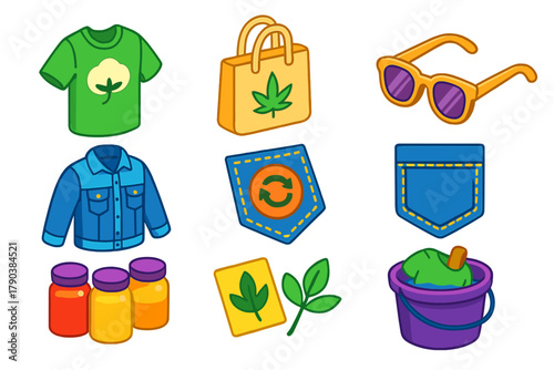 Sustainable Fashion Icons. Isometric vector illustration set Sustainable fashion – organic cotton t-shirt, hemp tote bag, bamboo