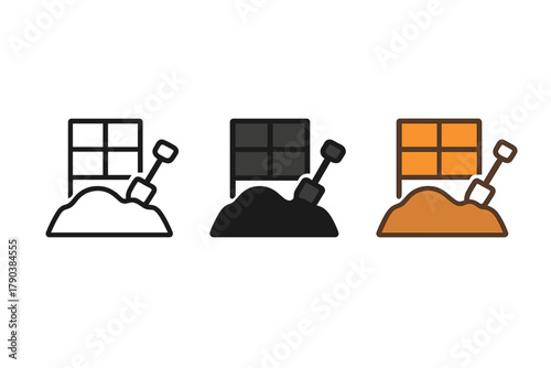 Minimalist Dig Site Icons. Minimalist dig site icon: three identical excavation site with grid icons in a row, first in line style