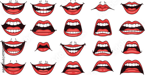 Cartoon mouth expressions set, red lips, teeth, smiling, talking, shouting, various emotions, comic style vector illustration collection