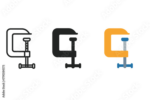 Minimalist Clamp Icon Series. Minimalist clamp icon: three identical woodworking clamps in a row, first in line style with thin