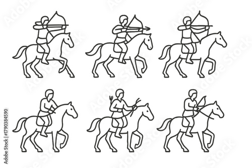 Mounted Archery Techniques. Line style icons of mounted archery techniques: backward shot form, side shot at full gallop, front