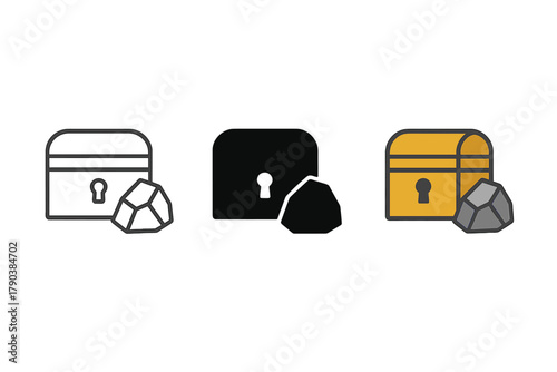 Stylish Treasure Chest Icons. Minimalist decoration icon: three identical treasure chest and rock icons in a row, first in line