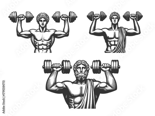 muscular classical statues humorously lifting modern dumbbells Set collection bundle sketch engraving generative ai vector illustration. Scratch board imitation. Black and white image.