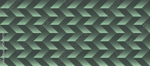 Vector abstract wide panoramic background with a bold halftone v shape chevron layout in sage green colour. Grainy textured dynamic graphic abstraction reflects retro futurism, sci-fi, military style