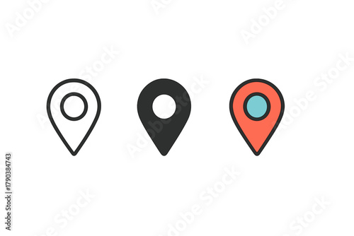 Stylish Location Pins. Minimalist map pin icon: three identical location pins in a row, first in line style with thin outline,