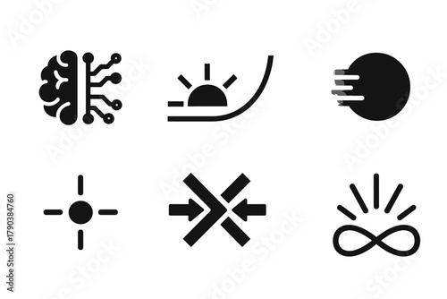 Singularity Icons. Solid style icons of singularity concepts: AI Brain Glow, Technological Horizon Line, Exponential Curve Icon,