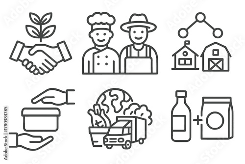 Partnership Icons. Line style icons of partnerships and networks: grower handshake, chef and farmer, school and farm connection,