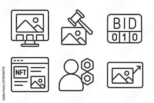 NFT Marketplace Icons. Line style icons of NFT photography marketplaces: online gallery screen, auction hammer over photo, bid