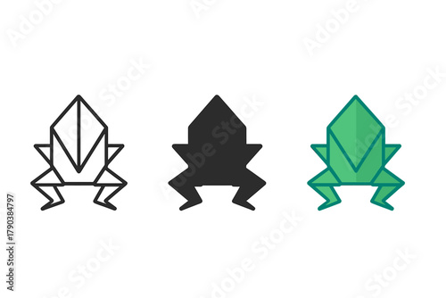 Minimalist Origami Frogs. Minimalist origami frog icon: three identical folded paper frogs in a row, first in line style with thin