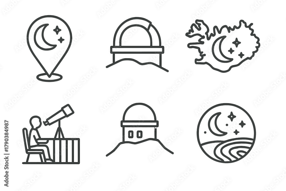 Fototapeta premium Global Stargazing Icons. Line style icons of global stargazing destinations: Atacama Desert map pin, Mauna Kea dome icon, Iceland
