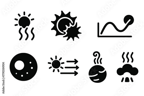 Space Climate Icons. Solid style icons of space climate phenomena: radiation heatwaves, coronal flash icons, cosmic temperature
