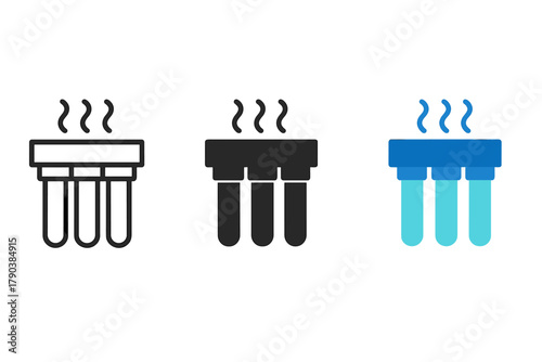 Aquarium Filter Icons. Minimalist water filter icon: three identical aquarium filter icons in a row, first in line style with thin