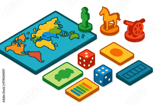 Bold Board Game Elements. Isometric vector illustration set Board games – world map board, infantry infantry token, cavalry token;