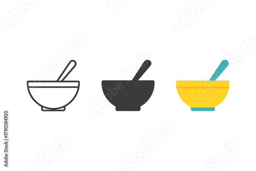 Mixing Bowl Evolution. Minimalist mixing bowl icon: three identical mixing bowls with spoons in a row, first in line style with