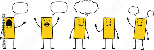 Cute yellow rectangular cartoon characters with speech bubbles expressing emotions and thoughts, creative communication concept, hand drawn vector illustration