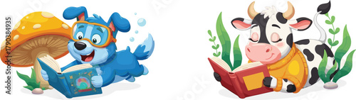 Cartoon dog and cow reading books, fantasy nature scene, underwater mushroom, children’s illustration, whimsical animals, educational, playful, colorful, peaceful