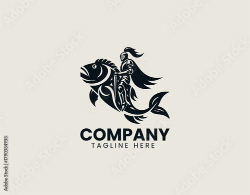 Medieval knight rides a large fish in motion symbol creative logo design
