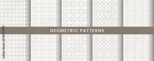 Modern set of seamless geometric patterns set in soft neutral tones. Minimal and elegant line designs perfect for backgrounds, packaging, branding, fabric prints, web design, and digital projects S1.2