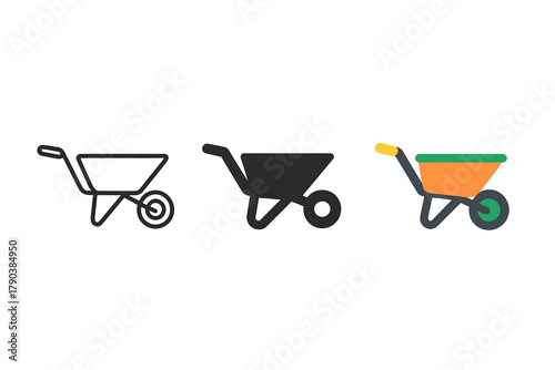 Minimalist Wheelbarrow Icons. Minimalist wheelbarrow icon: three identical wheelbarrow icons in a row, first in line style with