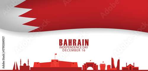Bahrain skyline with national landmarks celebrating Independence Day in December sixteen