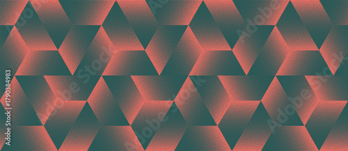 Vector abstract wide panoramic background with futuristic halftone hexagonal structure pattern in red and green colour. Grainy textured abstraction for digital security and innovation design projects