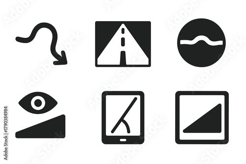 Gravity Illusion Icons. Solid style icons of gravity illusion zones: false descent glyph, perspective icon, roll badge. Horizon