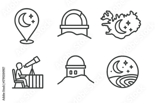 Global Stargazing Icons. Line style icons of global stargazing destinations: Atacama Desert map pin, Mauna Kea dome icon, Iceland