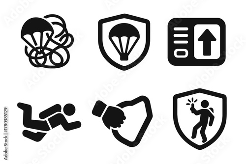 Emergency Icons Collection. Solid style icons of emergency and recovery: parachute tangle icon, backup chute badge, air assist