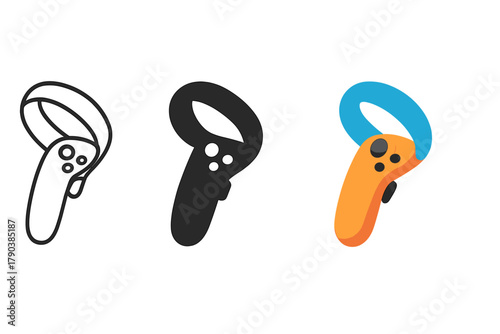 VR Controller Icon Trio. Minimalist VR controller icon: three identical hand controllers in a row, first in line style with thin