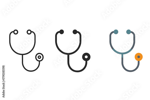 Stethoscope Trio Styles. Minimalist stethoscope icon: three identical stethoscopes in a row, first in line style with thin outline