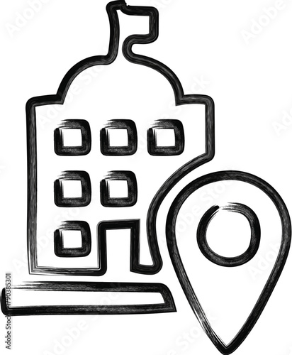 Location Icon – Flag-Topped Building with Pin Symbol for Civic Site