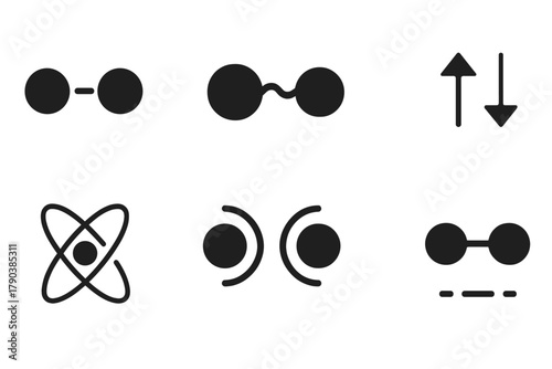 Quantum Entanglement Icons. Solid style icons of quantum entanglement elements: Linked Particles, Entangled Pair, Dotted Line