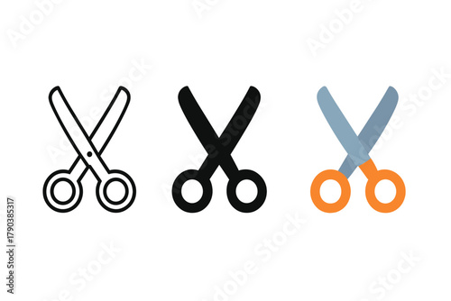 Scissors Icon Varieties. Minimalist scissors icon: three identical scissors icons in a row, first in line style with thin outline,