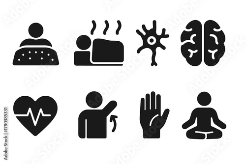 Gravity Blanket Icons. Solid style icons of gravity blanket effects: Body Pressure, Gentle Compression, Nervous System Symbol,