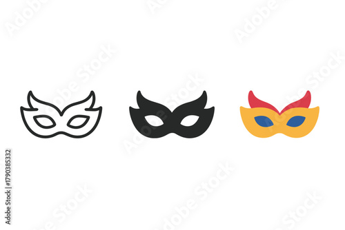 Carnival Mask Variations. Minimalist carnival mask icon: three identical decorative masks in a row, first in line style with thin
