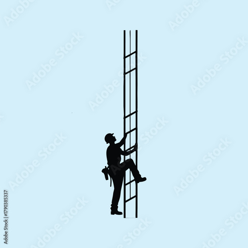 The silhouette of a construction worker climbing a steel ladder toward the high blue sky while a construction crane lifts equipment is a powerful illustration