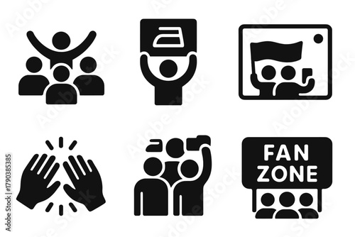 Crowd and Event Icons. Solid style icons of spectators and fans: cheering crowd icon, sign with iron symbol, camera recording