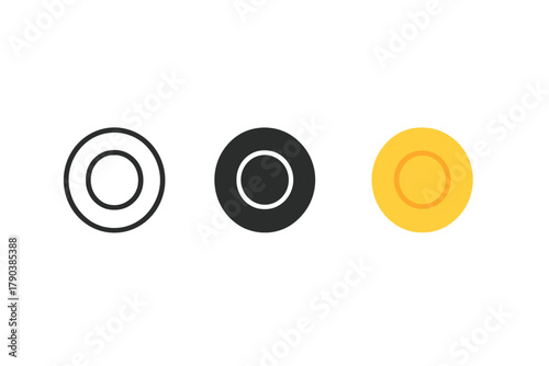 Minimalist Coin Designs. Minimalist coin icon: three identical round coins with a small circle in the center in a row, first in