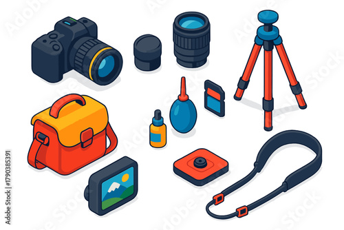Travel Photography Essentials. Isometric vector illustration set Travel gear – DSLR camera, extra lens, camera bag; tripod, lens