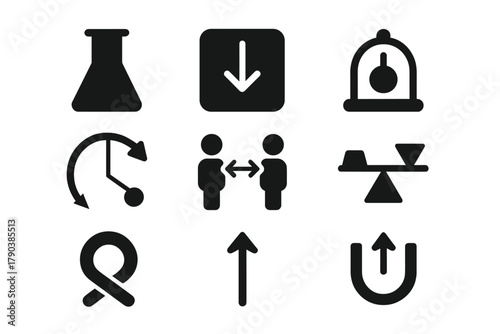 Inverse Gravity Icons. Solid style icons of inverse gravitational experiments: upside-down beaker, falling object reversed,