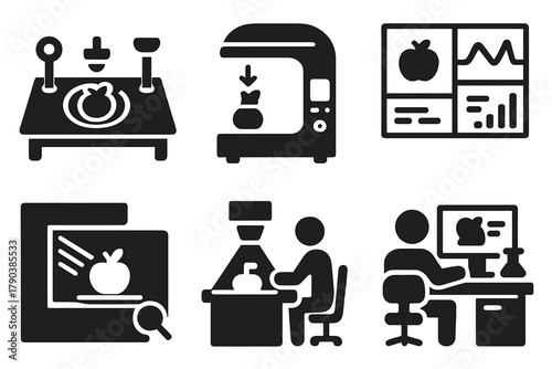 Advanced Food Analysis Icons. Solid style icons of advanced food analysis labs: multi-sensor table, food scan chamber, data wall