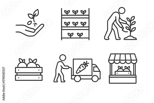 Farm-to-Fork Icons. Line style icons of farm-to-fork concept: planting seed, growing rack, harvesting plant, packaging produce,