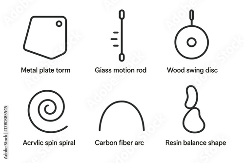 Kinetic Sculpture Materials Icons. Line style icons of kinetic sculpture materials: metal plate form, glass motion rod, wood swing