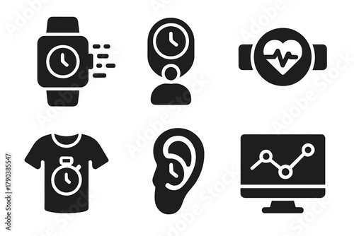 Wearable Tech Icons. Solid style icons of wearable time-sensitive computing: smart watch with data flow, biometric time logger,