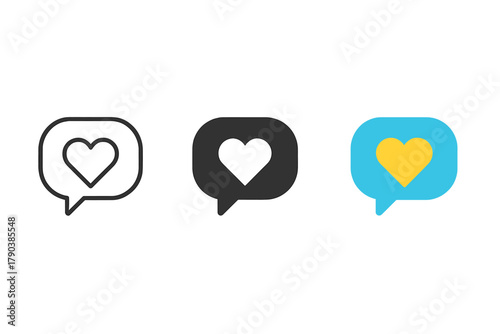 Therapy Tool Icons. Minimalist therapy tools icon: three identical speech bubble with heart icons in a row, first in line style